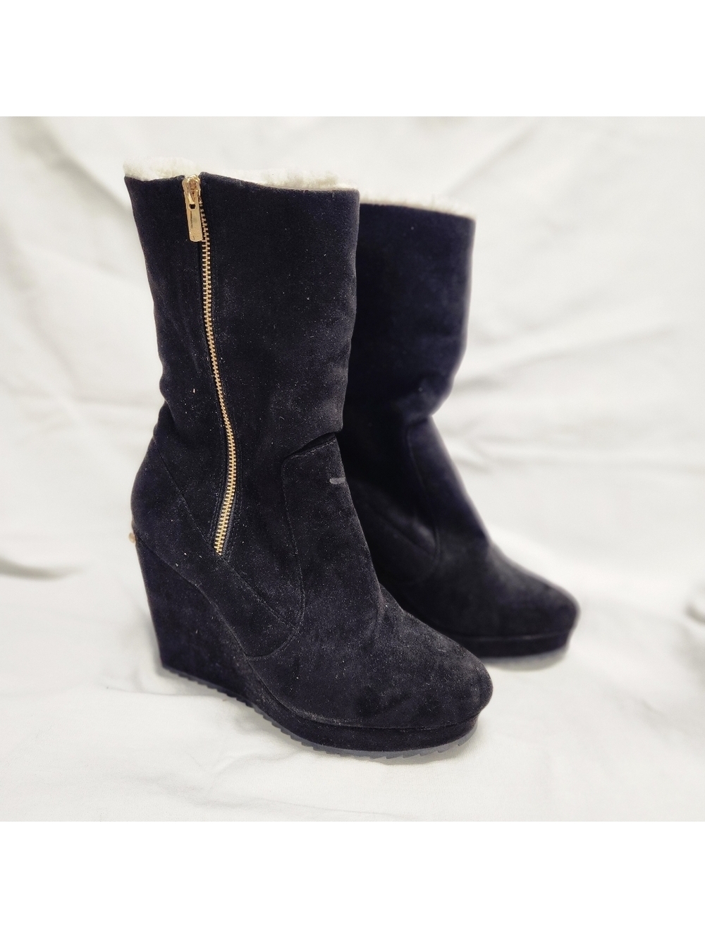 JUICY COUTURE Jckasia Black Suede Fur Lining Mid Calf Wedge Boot Sz 10M
